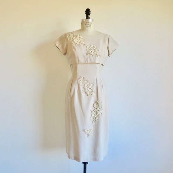 Vintage 1950's Ecru Bone Linen Sheath Dress Embroidered | Etsy