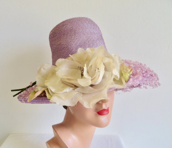 1960's Lavender Lilac Straw Wide Brim Hat High Cr… - image 3