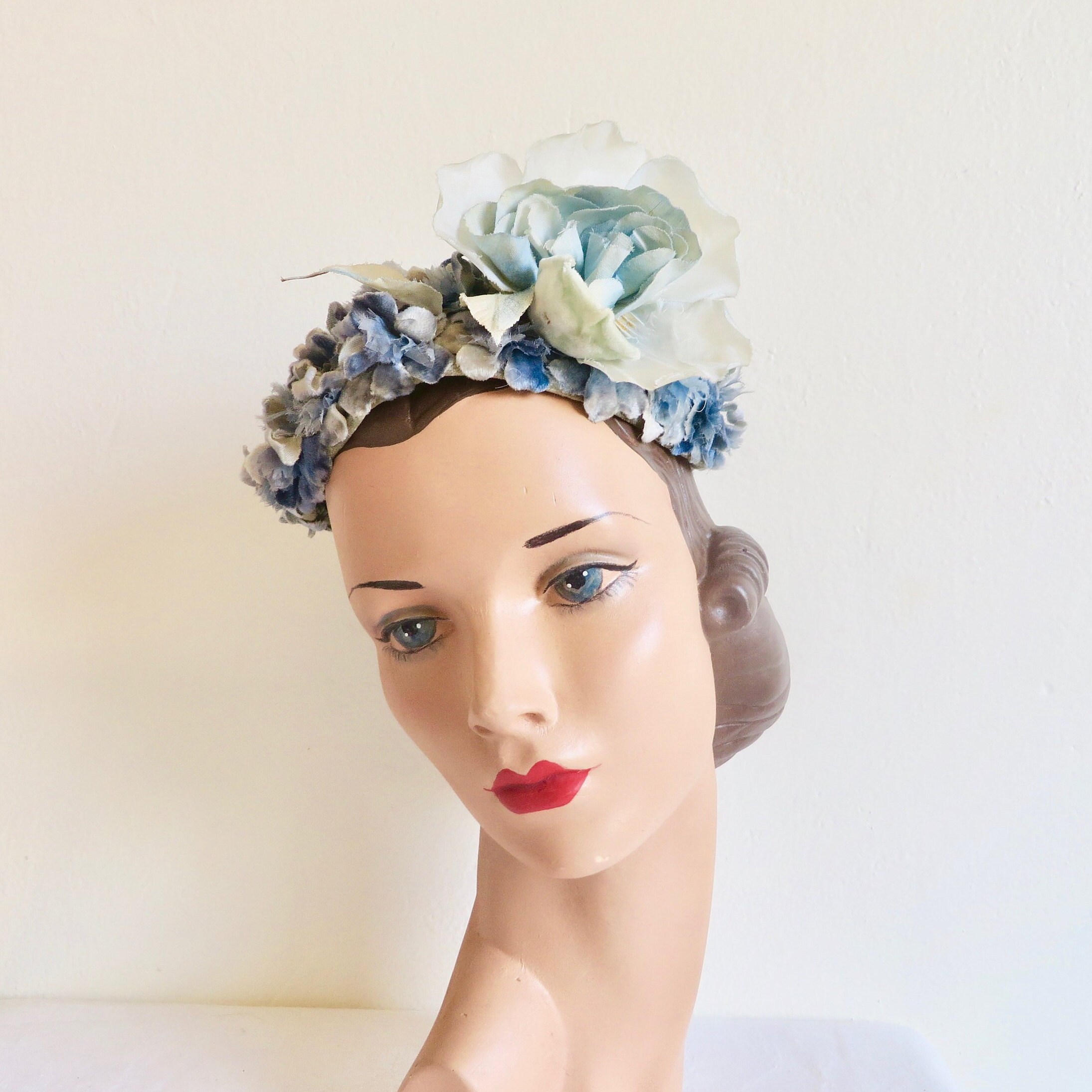 Navy Blue Royal Blue Rose Flower Turban Floral Hair Cover Vintage Style Hat 0282 