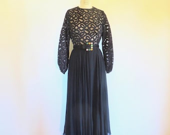 1970s Black Silk Evening Dress: Flocked Bodice, Long Sleeves, Size Small