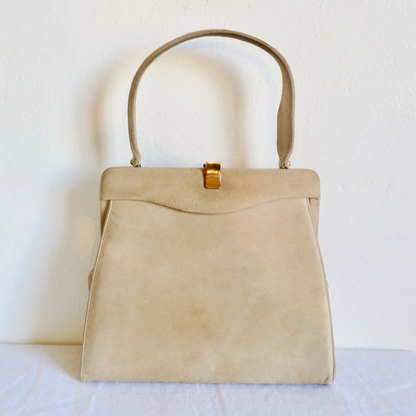 1960's Camel Beige Suede Structured Purse Top Handle Gold Metal Clasp 60's Mod Style Handbags MCM Purses Andrew Geller