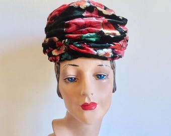 Melinda Original Vtg Turban Hat Pink Red Velvet Mesh Lined 60\'s Boho Easter WWII VTG 50s Floral Ribbon Hat w/ Broadway Store Box & Receipt  main image 4