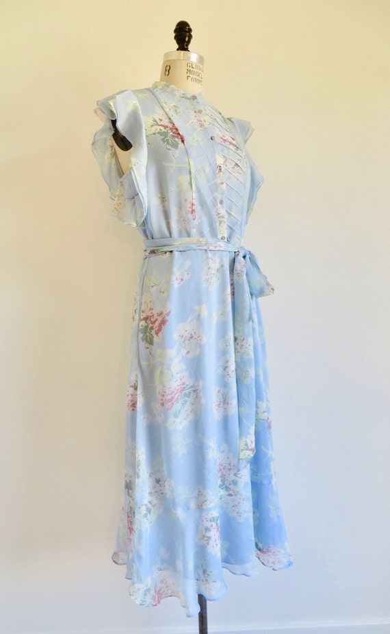 1930's 40's Style Pastel Blue Floral Silk Chiffon… - image 3