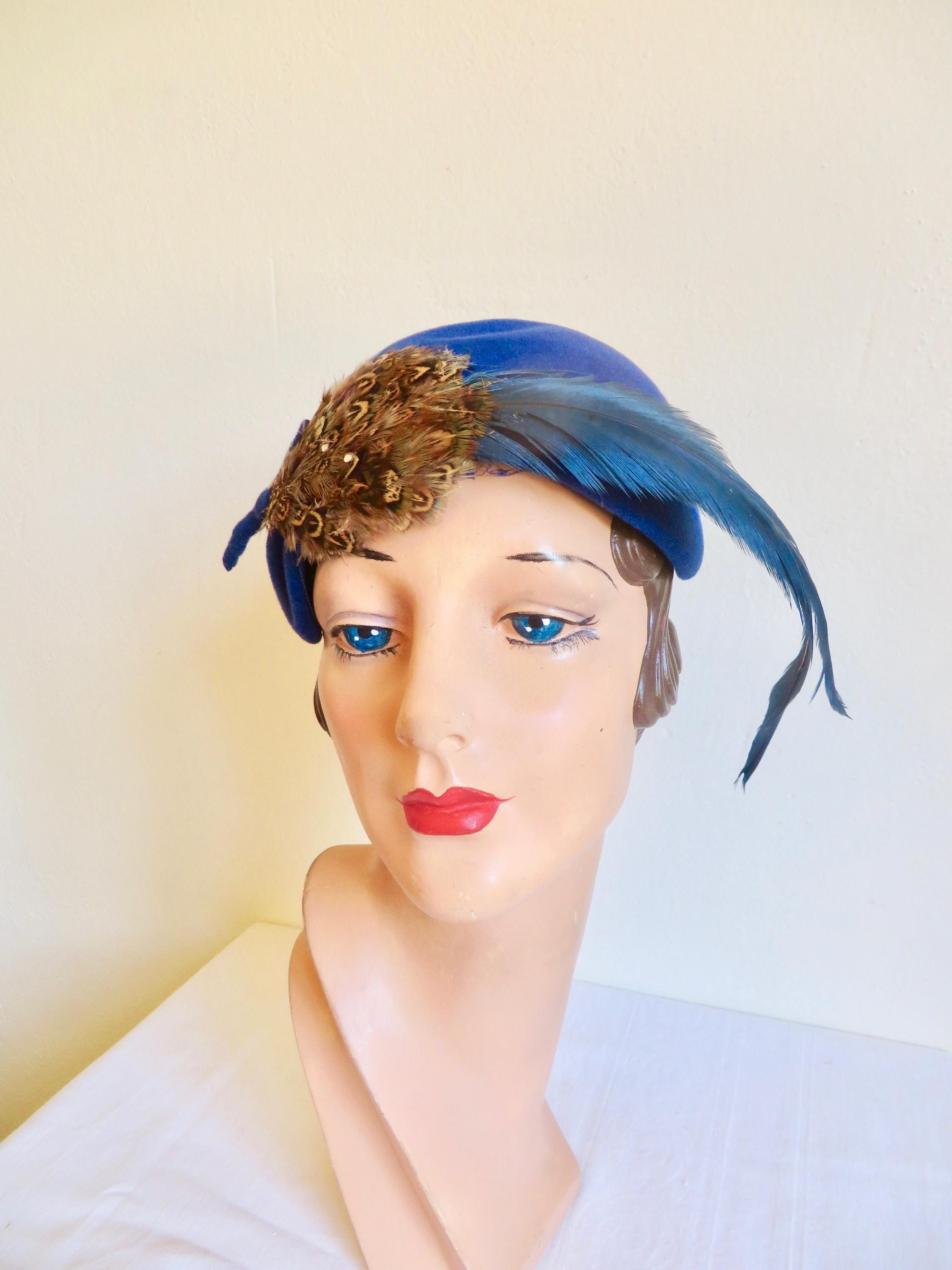 Vintage Royal Blue Feather Fascinator Hat Veiling Silver Petals 1950s Style Royal Blue White Derby Fascinator Hat, Light Blue Royal Blue  main image 2