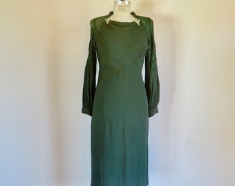 1930's 40's Dark Forest Green Crepe Dress Long Lace Sleeves Dress Clips Evening Cocktail Party Art Deco Era Rockabilly 31" Waist Size Medium