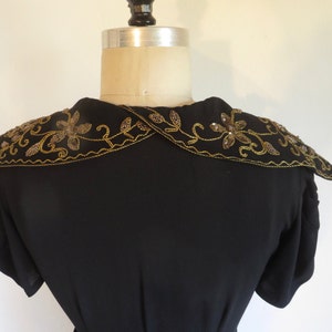 1940's Black Crepe Long Evening Dress Gold Soutache collar and Pocket Trim Formal Cocktail WW2 Era Rockabilly 28 Waist Size Small Medium image 9