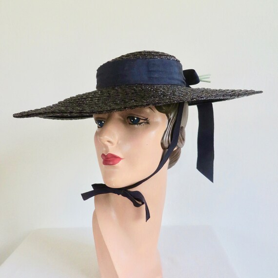 1950's Navy Blue Straw Wide Brim Sun Hat Flowers … - image 3