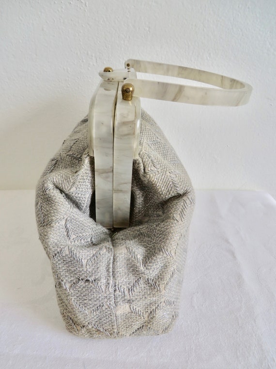 1940's Silver Gray Chevron Weave Fabric Purse wit… - image 5