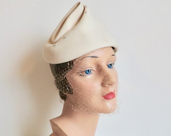 1950s Felt Cone Hat: Ivory Rhinestone Veil, Rockabilly Millinery
