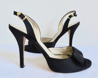 Size 8.5 39 Black Satin High Heel Stiletto Sandals Evening Formal Cocktail Shoes BCBG Max Azria 2000's