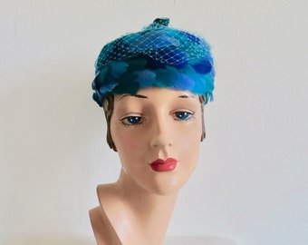 1960's Turquoise Teal Blue Feather Pillbox Hat Mod Style 60's Millinery Spring Summer Eva Mae Modes