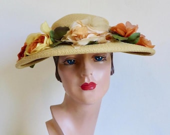 1950's Straw Wide Brim Hat: Yellow and Orange Silk Roses, 50's Floral Hats