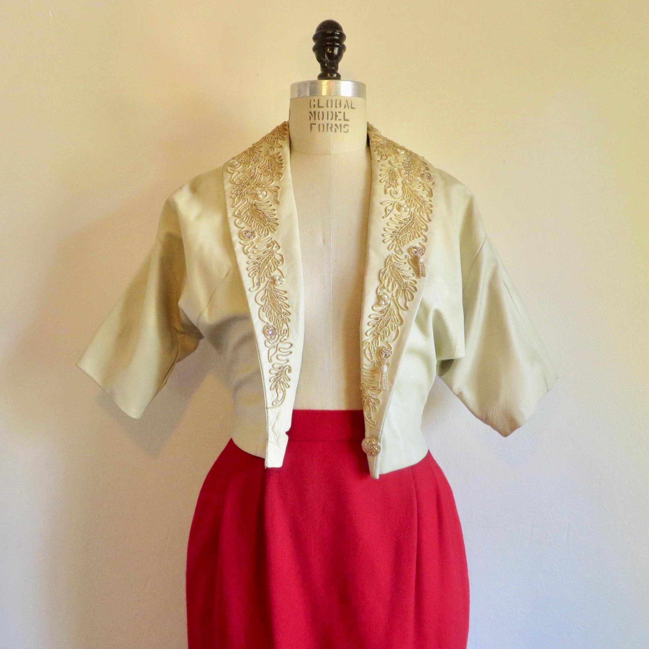 1950's Bone Ivory Leather Bolero Jacket Soutache Embroidered Beaded…