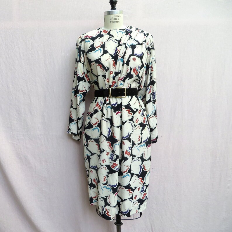 1980's Krizia Multi Color Black and White Butterfly Rayon Print Day Dress Shoulder Pads Italian Designer Medium image 1