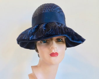 1960's Navy Blue Raffia Straw High Crown Hat Fringe Brim Grosgrain Ribbon Trim Mod Style 60's Millinery Spring Summer Joseph Magnin