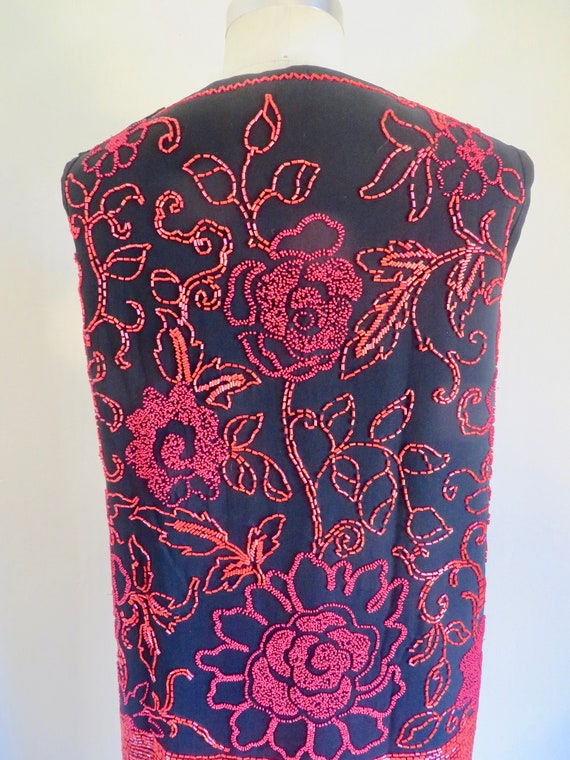 1960's Chinese Black and Red Floral Beaded Silk S… - image 8