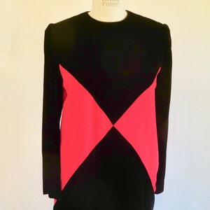 1980's Red and Black Velvet Color Block Dress Long Sleeves Evening Formal Cocktail 80's Avant Garde Chetta B Size Small image 2