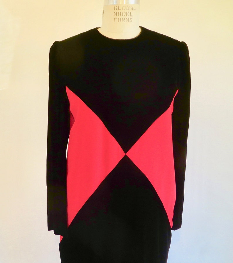 1980's Red and Black Velvet Color Block Dress Long Sleeves Evening Formal Cocktail 80's Avant Garde Chetta B Size Small image 2