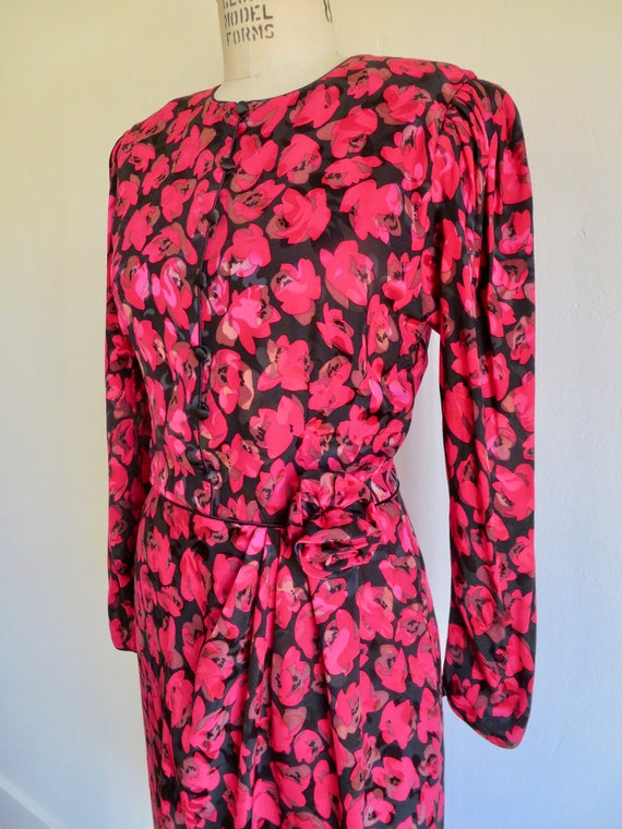 1980's Red Rose Floral Silk Print Dress Long Slee… - image 5