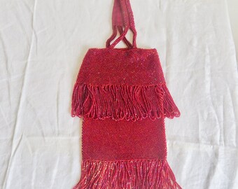 1920's 30's Art Deco Red Glass Beaded Wristlet Purse with Fringe Flapper Great Gatsby Style Wrist Bag Formal Evening Cocktail