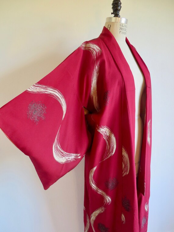 Traditional Japanese Red Kimono Robe Chirimen Cre… - image 10