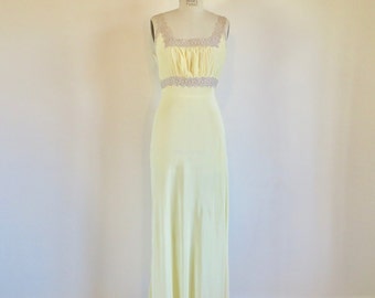 1940's Light Yellow Rayon Satin Long Nightgown Cream Cotton Lace Trim WW2 Ea Rockabilly 40's Loungewear Lingerie Radelle Size 36 Medium