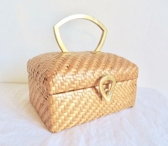 1960's Koret Natural Woven Wicker Box Purse Gold … - image 10