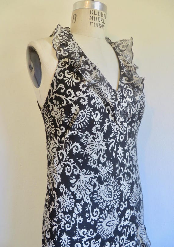 1930's Style Black and White Floral Print Bias Cut Si… - Gem