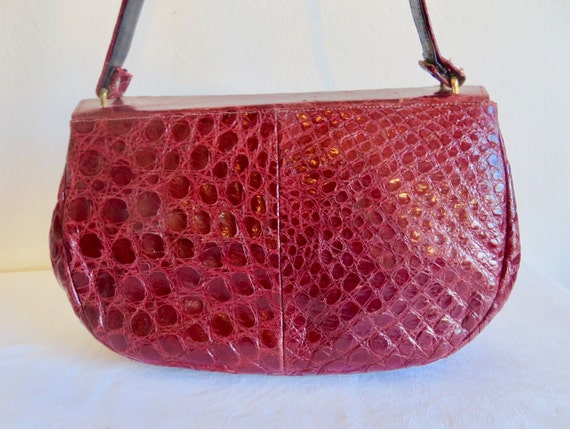 1940's Dark Red Snakeskin Leather Purse Gold Meta… - image 6