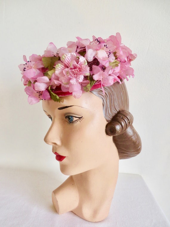 1960's Pink and Magenta Silk Floral Pillbox Hat S… - image 5