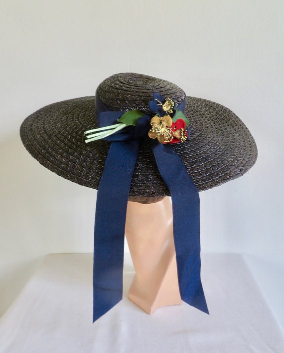 1950's Navy Blue Straw Wide Brim Sun Hat Flowers … - image 7