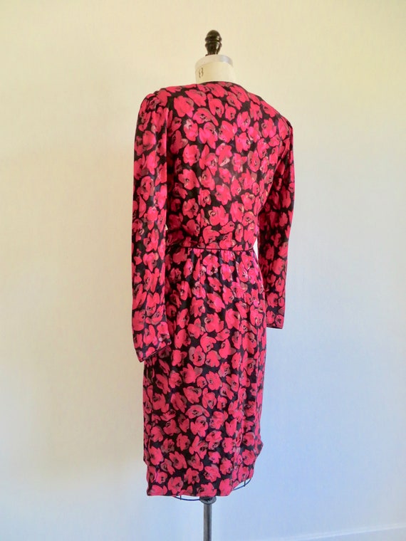 1980's Red Rose Floral Silk Print Dress Long Slee… - image 7