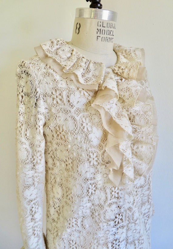 1960's Mod Ivory Creme Cotton Lace A Line Dress R… - image 4