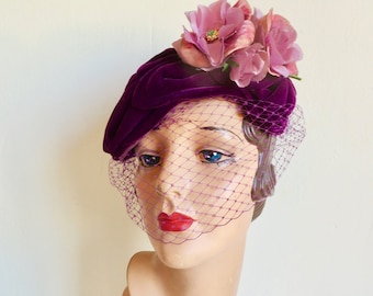 1950'S Plum Purple Velvet Fascinator Hat Pink Fabric Flowers Trim Face Veil 50's Millinery Rockabilly Hats Beresford