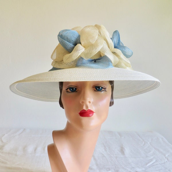 Eric Javits Light Blue and White Wide Brim Hat Large Sisal Flowers Kentucky Derby Ascot Portrait Picture Bridal 1990's Millinery