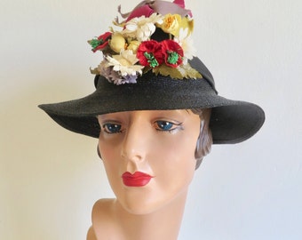 1940's Black Straw Brimmed Hat Forward Leaning Crown Pink Red  Yellow Flowers Ribbon Bows Trim Spring 40's Millinery Size 22