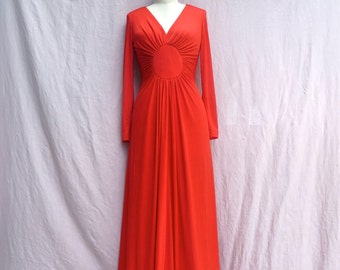 1970's Red Jersey Knit Long Maxi Dress Hostess Gown Long Sleeves Evening Cocktail Party Hippie Boho 70's Dresses Miss Magnin Medium