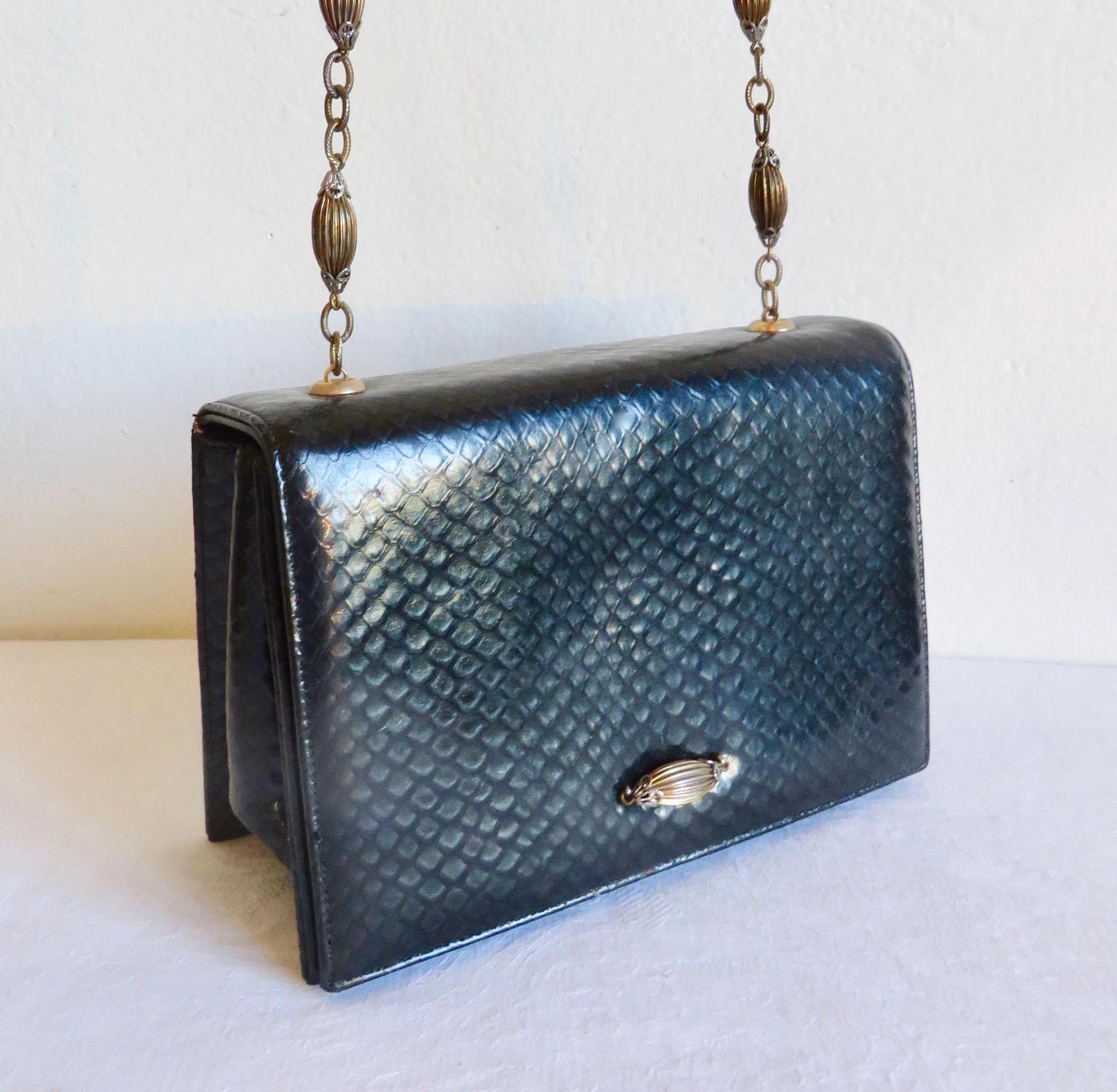 1970's Koret Black Snake Embossed Leather Structured Purse Gold Beaded Shoulder Chain Formal Evening Bag 70's Evening Purses