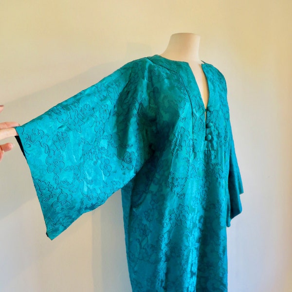Vintage Black Velvet Caftan, Embroidered Bohemian Hippie Maxi Dress S
