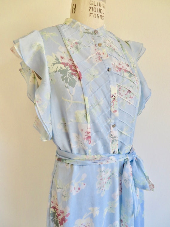 1930's 40's Style Pastel Blue Floral Silk Chiffon… - image 4