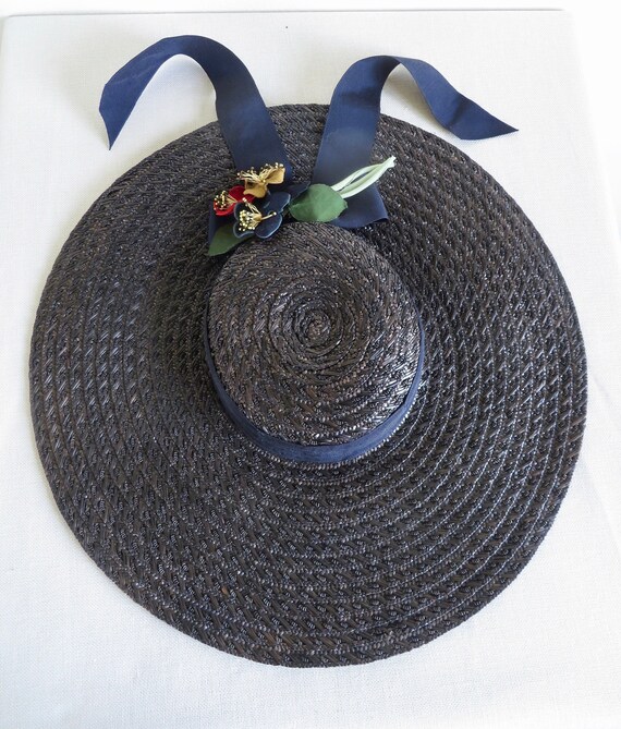 1950's Navy Blue Straw Wide Brim Sun Hat Flowers … - image 9