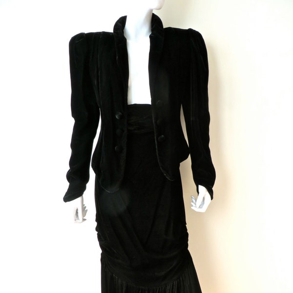 Norma Kamali/Black Velvet Jacket and Skirt Set/1980's Norma Kamali Velvet Skirt Suit/26.5 Waist/Small