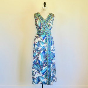 Vintage 60s Psychedelic Floral Silk Maxi Dress: Turquoise Mod Sheath, Medium