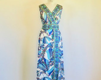 Vintage 1960's 70's Turquoise White Psychedelic Floral Print Silk Long Maxi Sheath Dress Mod 60's Spring Summer Resort 31.5" Waist Medium