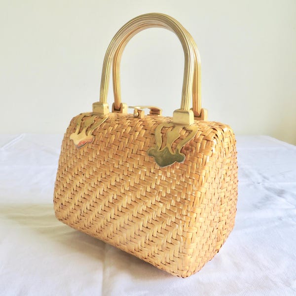 1960's Koret Natural Woven Wicker Basket Box Purse Gold Top Handle Hardware Italian Made in Italy 60's Handbags