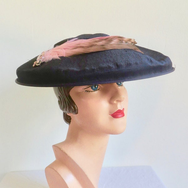 1950's Navy Blue Wide Brim Platter Style Hat Pink Feathers and Brooch Trim New Look Rockabilly 50's Millinery Sanger Bros Dallas