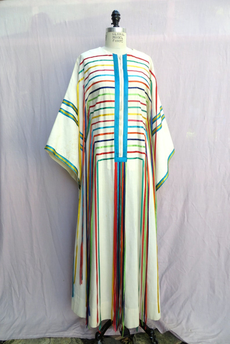 Vintage 1970/'s Josefa Mexican Caftan with Ribbon Fringe Mexican Festival Kaftan Hippie Boho Medium