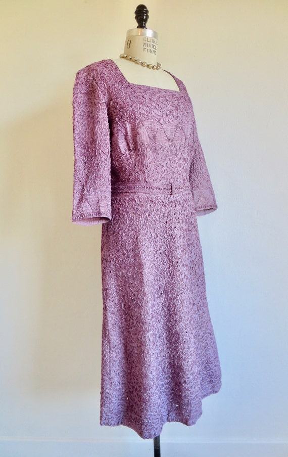 1940's Lavender Lilac Rayon Ribbon Knit Dress Cro… - image 4