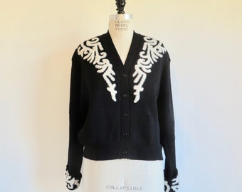 1980s French Connection Wool Cardigan: Black Soutache Trim, Size Large