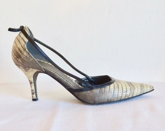 1950's Style Size 8.5 Beige and Black Snakeskin Leather Stiletto D'Orsay High Heels Retro 50's Pumps Rockabilly Swing Banana Republic 1990's